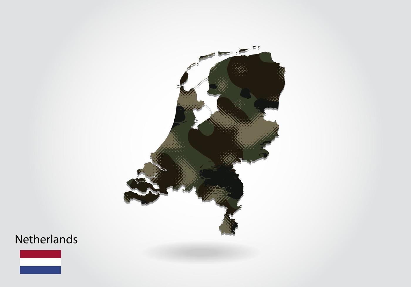 nederlandskarta med kamouflagemönster, skog - grön struktur i kartan. militärt koncept för armé, soldat och krig. vapensköld, flagga. vektor