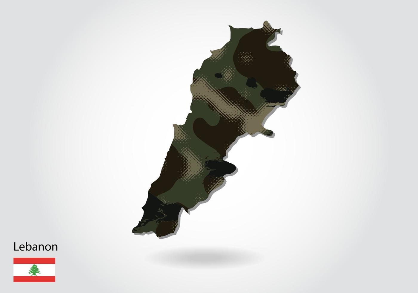 libanon-karte mit tarnmuster, wald - grüne textur in der karte. militärisches konzept für armee, soldat und krieg. Wappen, Flagge. vektor