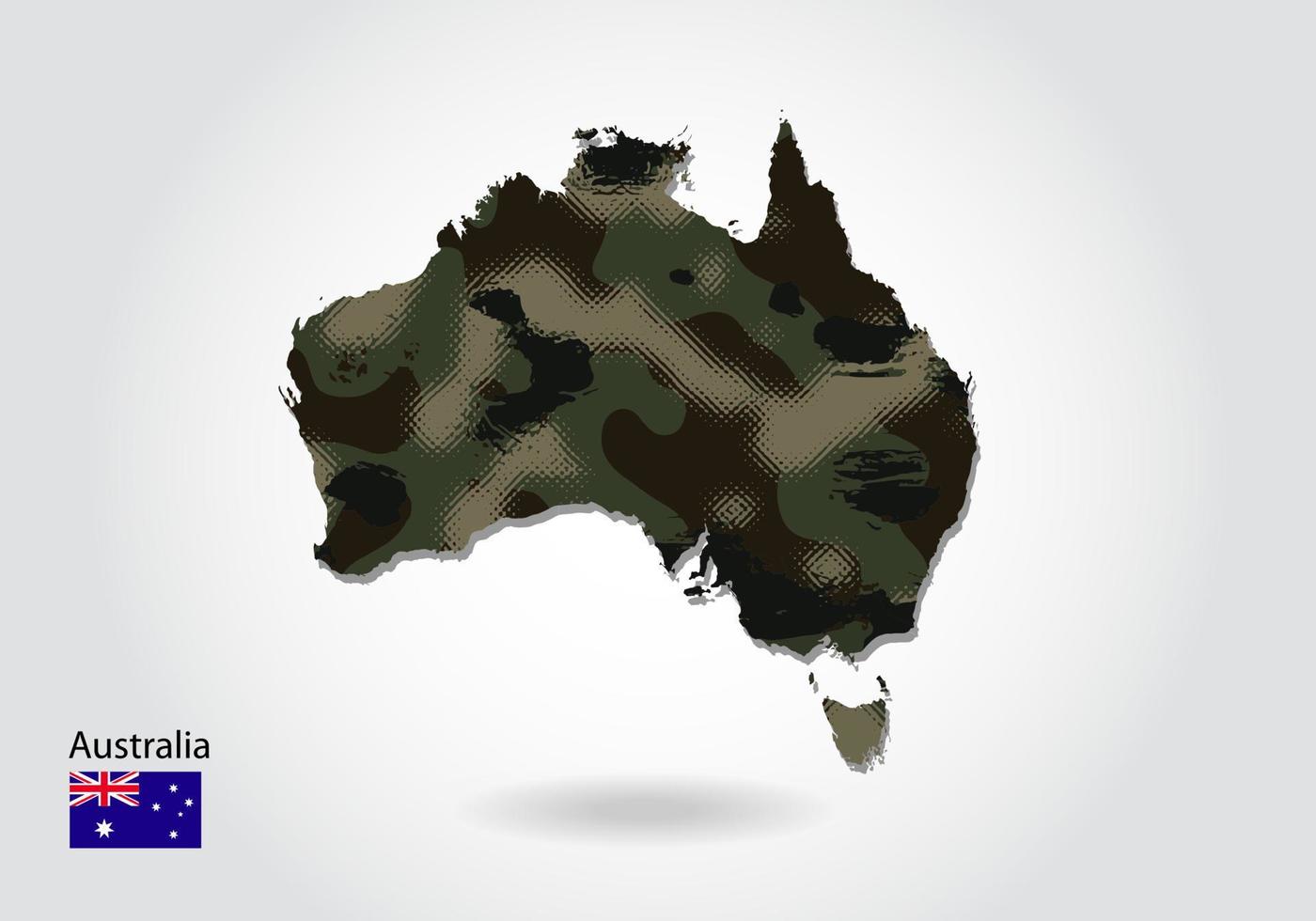 australien-karte mit tarnmuster, waldgrüne textur in der karte. militärisches konzept für armee, soldat und krieg. Wappen, Flagge. vektor
