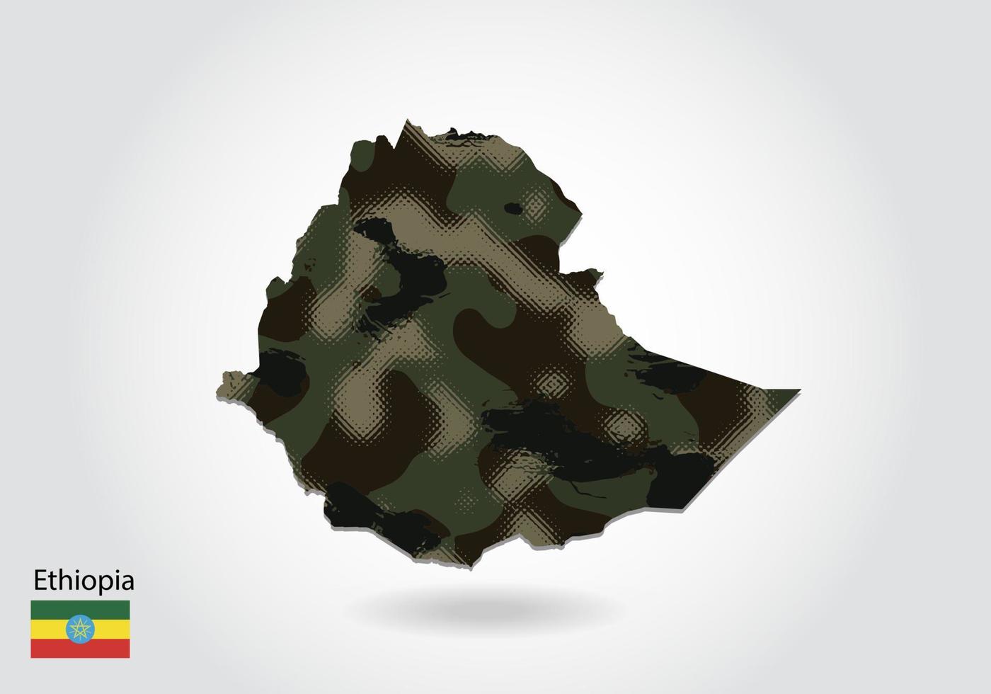 äthiopien-karte mit tarnmuster, wald - grüne textur in der karte. militärisches konzept für armee, soldat und krieg. Wappen, Flagge. vektor