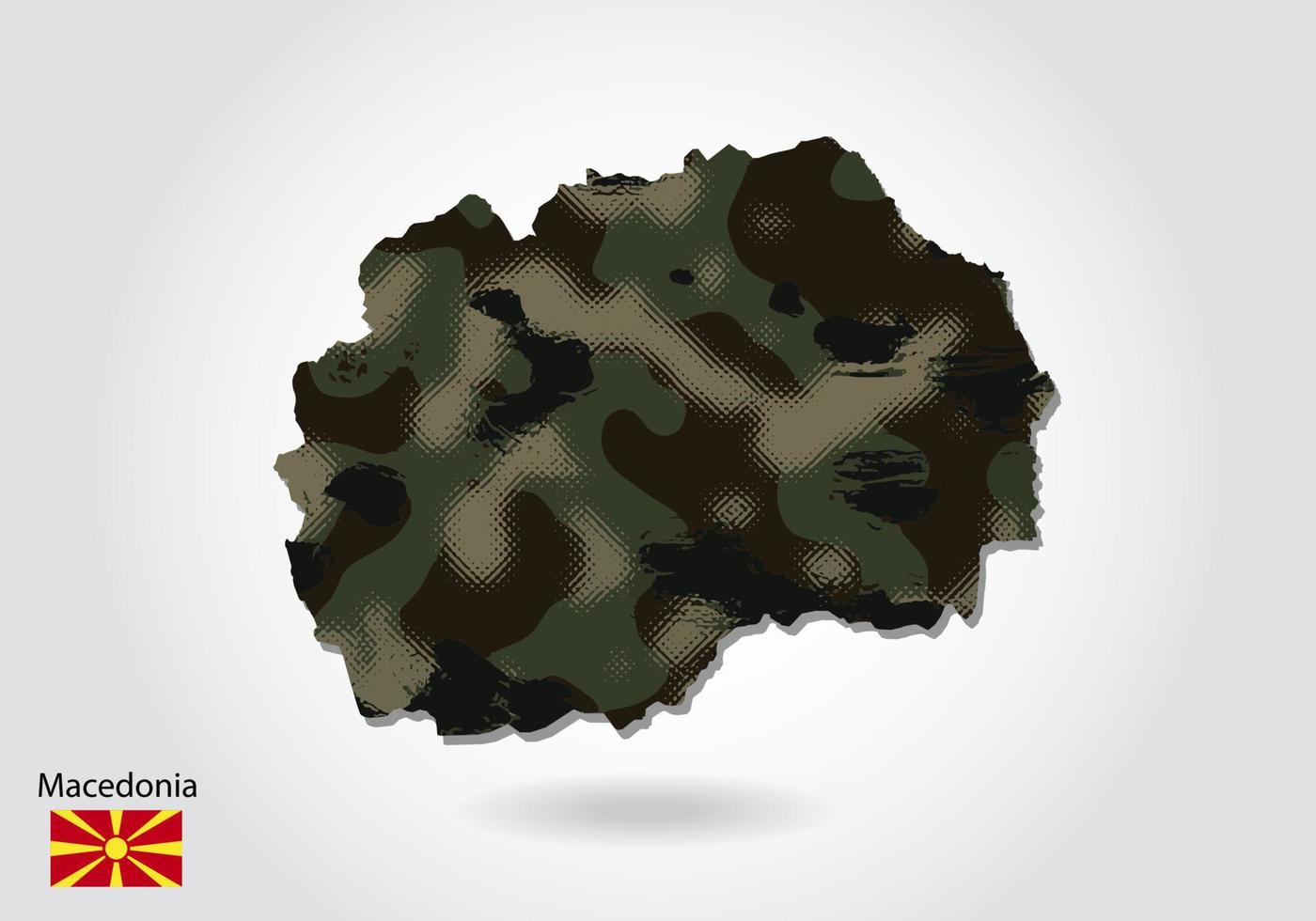 mazedonien-karte mit tarnmuster, wald - grüne textur in der karte. militärisches konzept für armee, soldat und krieg. Wappen, Flagge. vektor