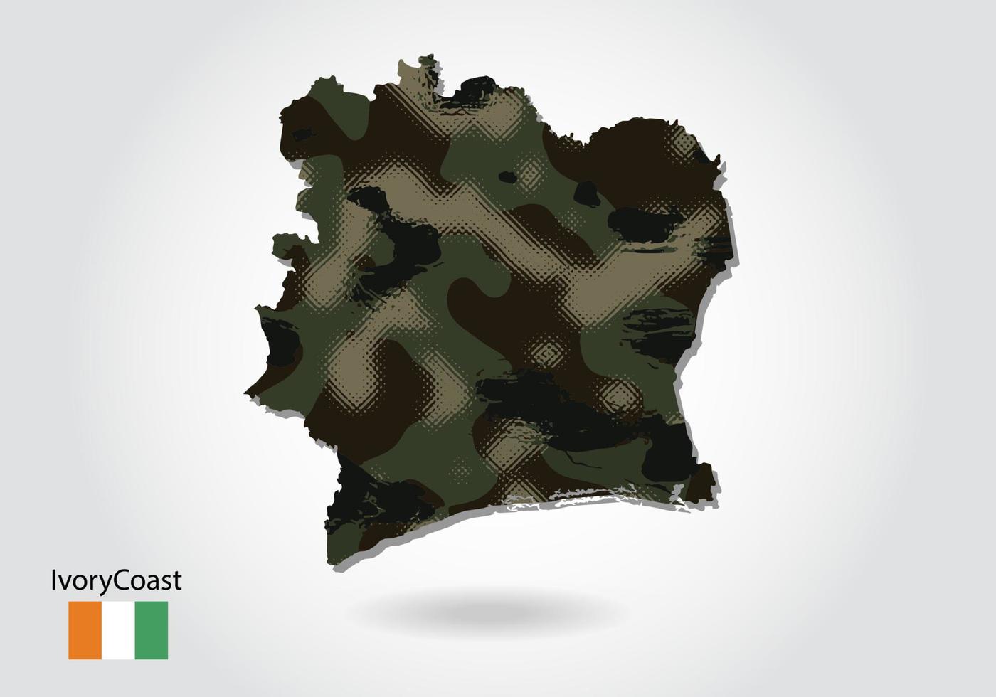 elfenbenskusten karta med kamouflagemönster, skog - grön struktur i kartan. militärt koncept för armé, soldat och krig. vapensköld, flagga. vektor