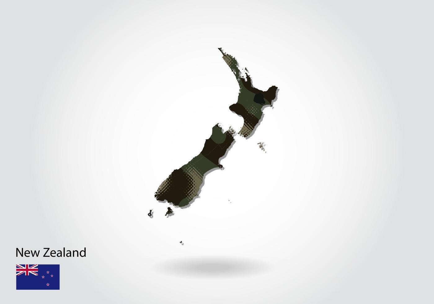 Nya Zeeland karta med kamouflagemönster, skog - grön textur i kartan. militärt koncept för armé, soldat och krig. vapensköld, flagga. vektor