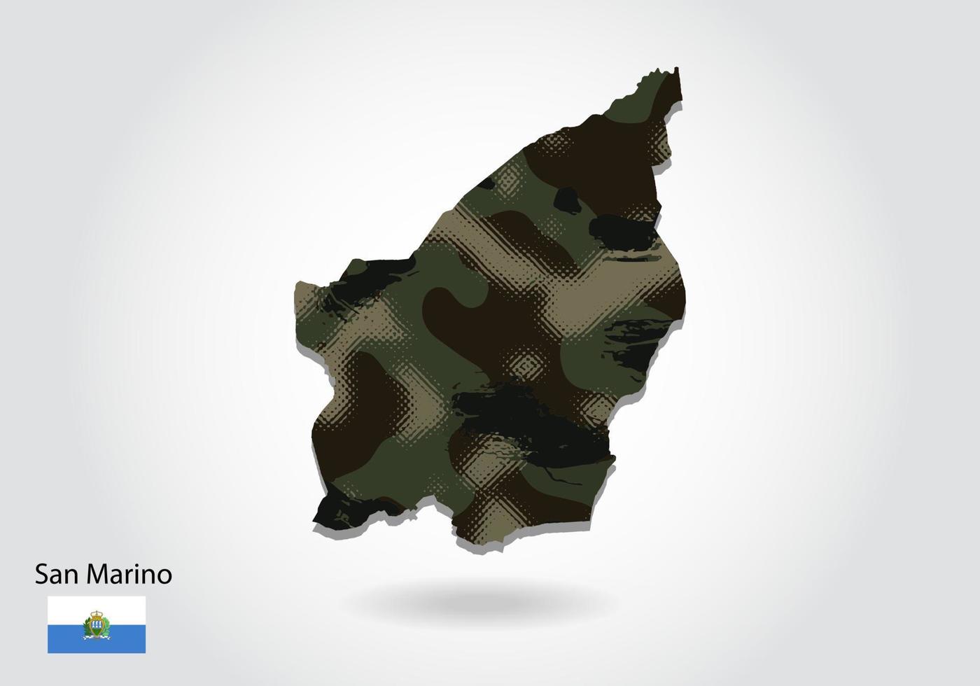 san marino karta med kamouflagemönster, skog - grön struktur i kartan. militärt koncept för armé, soldat och krig. vapensköld, flagga. vektor