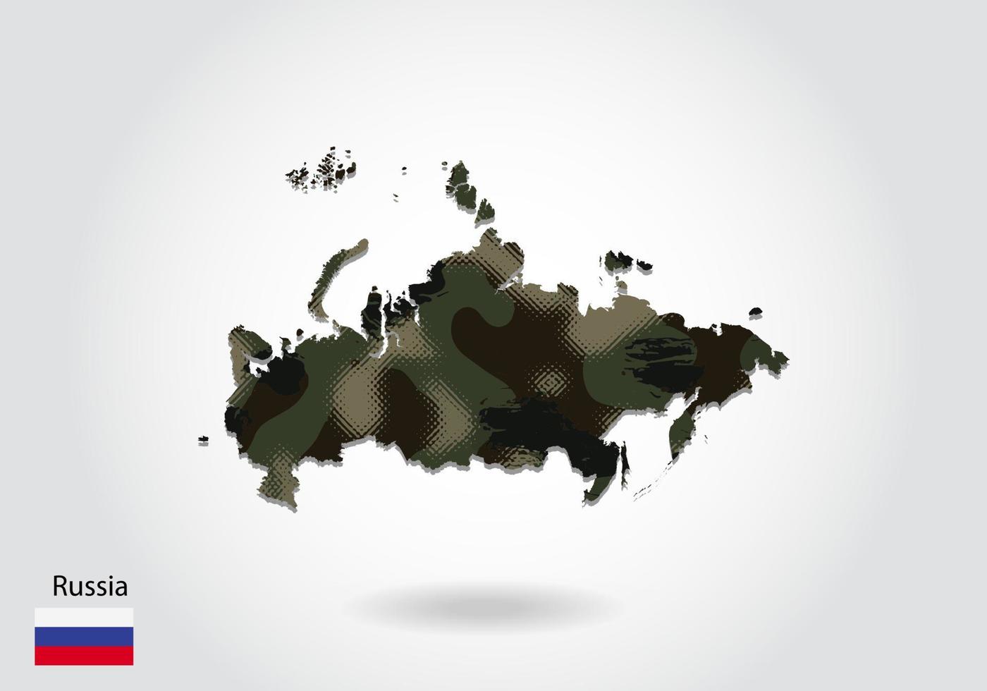 russlandkarte mit tarnmuster, wald - grüne textur in der karte. militärisches konzept für armee, soldat und krieg. Wappen, Flagge. vektor