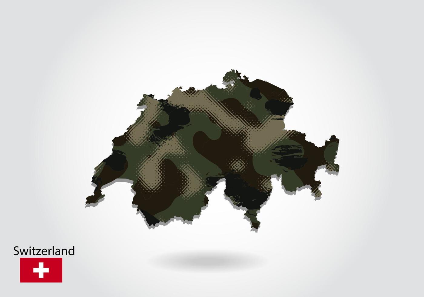 schweiz karta med kamouflagemönster, skog - grön textur i kartan. militärt koncept för armé, soldat och krig. vapensköld, flagga. vektor