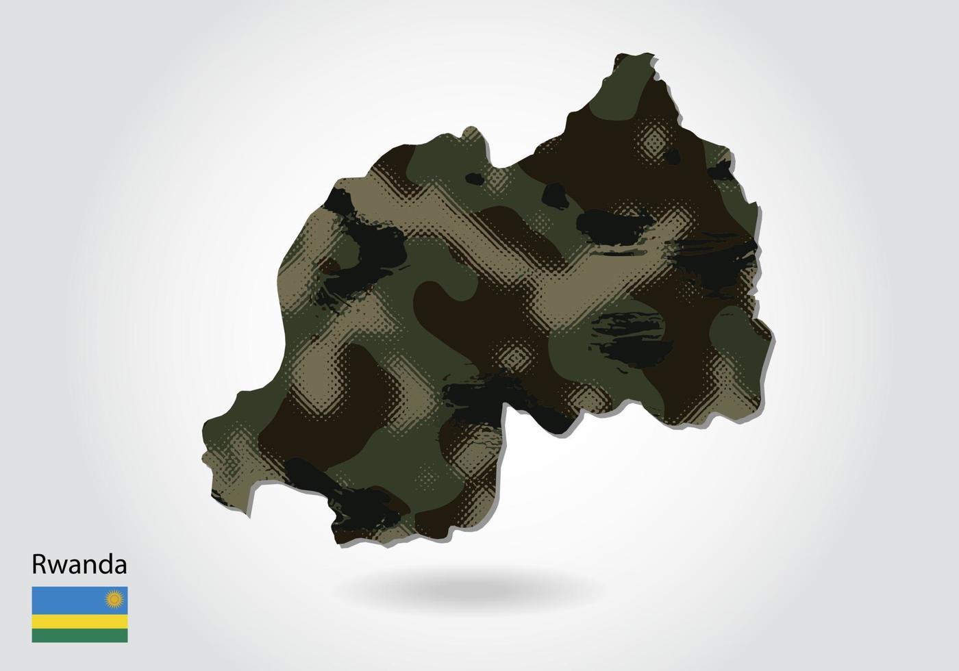 rwanda karta med kamouflagemönster, skog - grön textur i kartan. militärt koncept för armé, soldat och krig. vapensköld, flagga. vektor