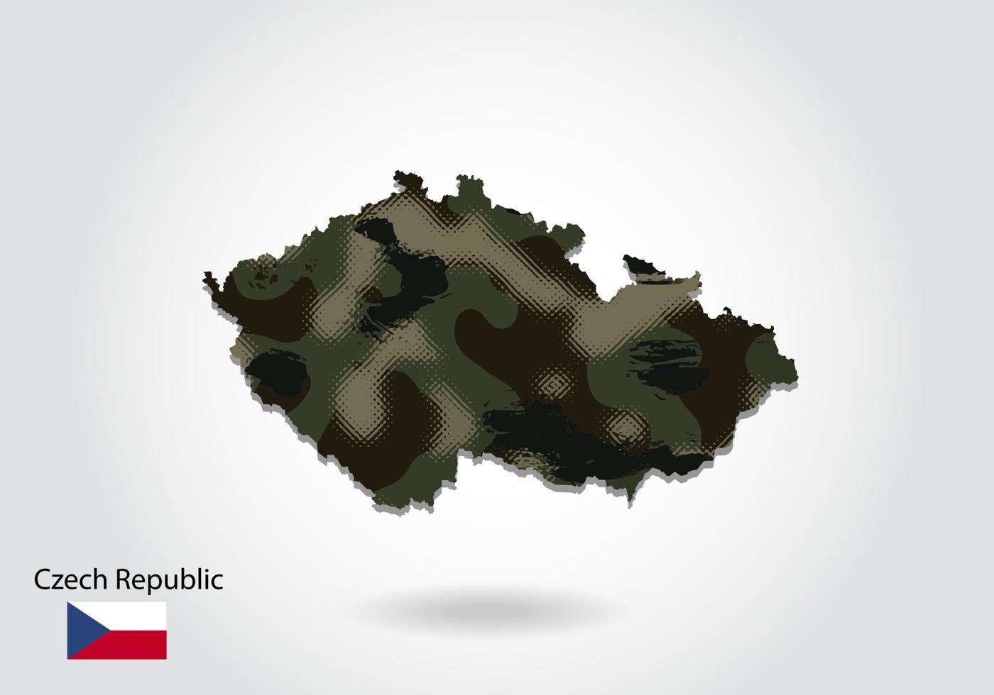 Tjeckien karta med kamouflagemönster, skog - grön textur i kartan. militärt koncept för armé, soldat och krig. vapensköld, flagga. vektor