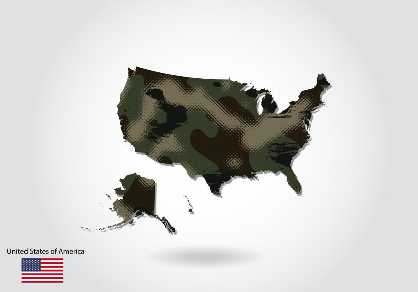 Amerikas förenta stater karta med kamouflagemönster, skog - grön struktur i kartan. militärt koncept för armé, soldat och krig. vapensköld, flagga. vektor