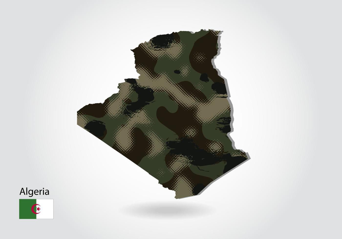 algerien-karte mit tarnmuster, waldgrüne textur in der karte. militärisches konzept für armee, soldat und krieg. Wappen, Flagge. vektor