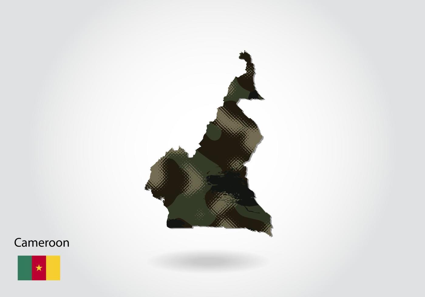 kamerun-karte mit tarnmuster, wald - grüne textur in der karte. militärisches konzept für armee, soldat und krieg. Wappen, Flagge. vektor