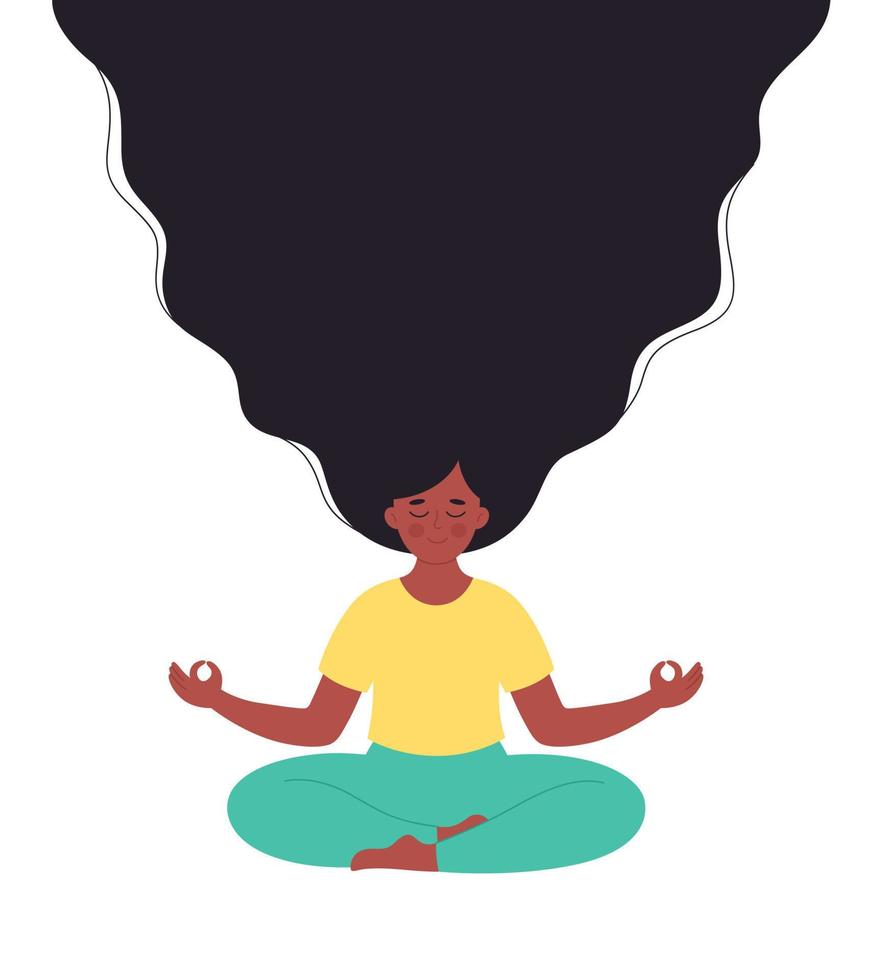 svart kvinna mediterar i lotusställning. hälsosam livsstil, yoga, slappna av, andningsträning vektor