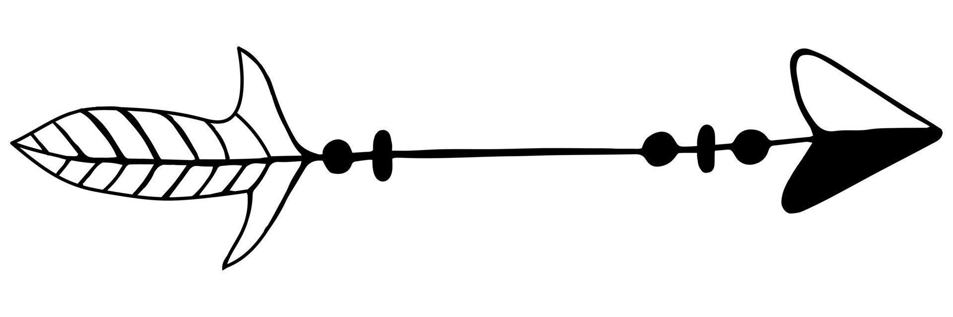 Vektor-Illustration eines Pfeils für einen Bogen. ein isoliertes Bild eines Pfeils mit einer Feder im Boho-Stil. schwarzer umriss, gekritzelillustration. vektor
