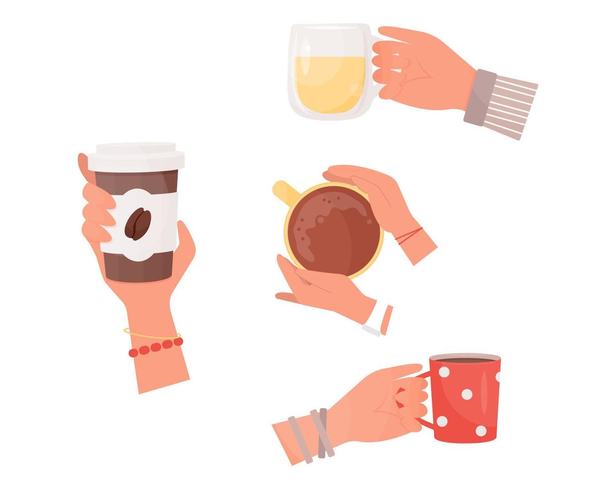 samling av händer som håller varma drycker. platt tecknad vektor illustration set.