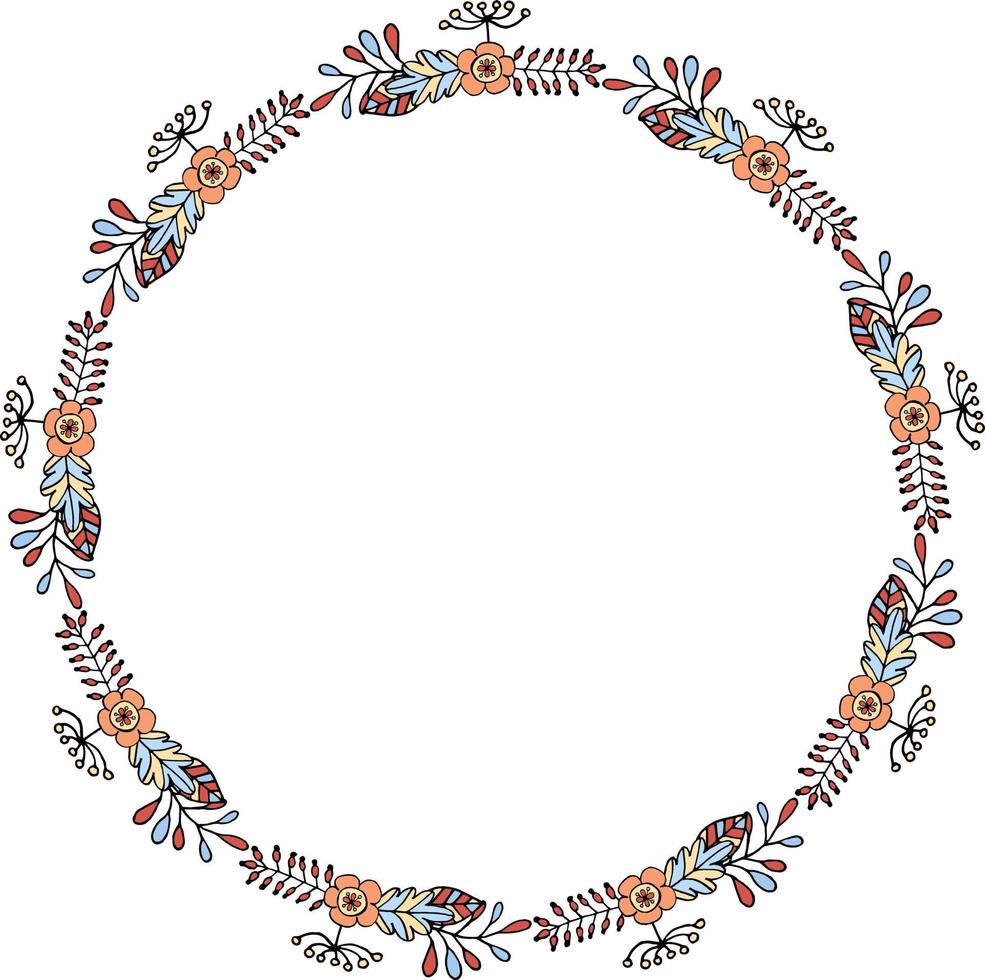 Kranz mit floralen Kritzeleien. runder Rahmen auf weißem Hintergrund. festlicher Blumenkreis für Ihr Design vektor