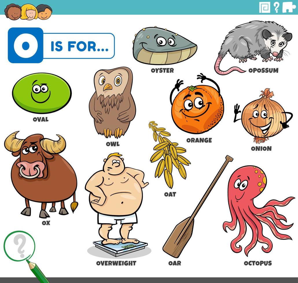 bokstav o ord pedagogisk set med seriefigurer vektor