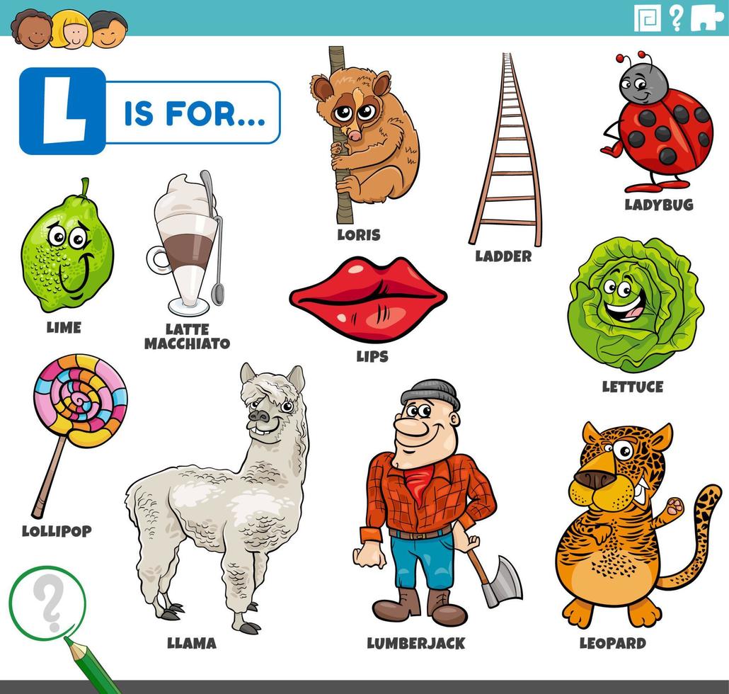 bokstaven l ord pedagogisk set med seriefigurer vektor