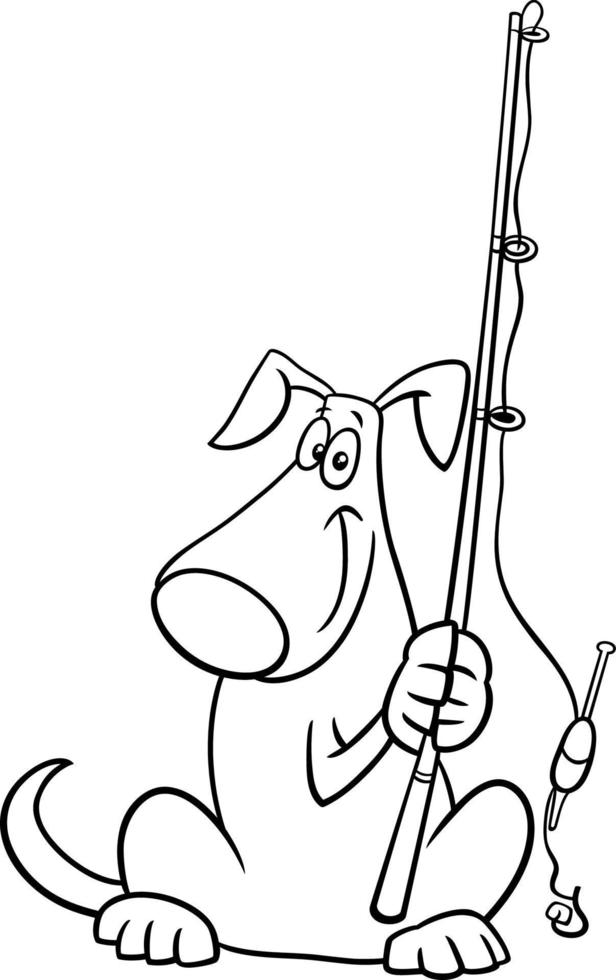 tecknad hund med fiskespö målarbok sida vektor