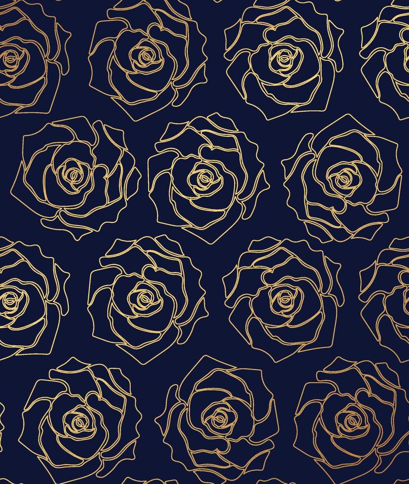 nahtloses muster der rosen. Goldumrissrosen auf einem dunkelblauen Hintergrund. handgezeichnete Vektorgrafik für Design, Textil, Stoff, Dekor, Packpapier, Abdeckungen, Webhintergrund usw. vektor