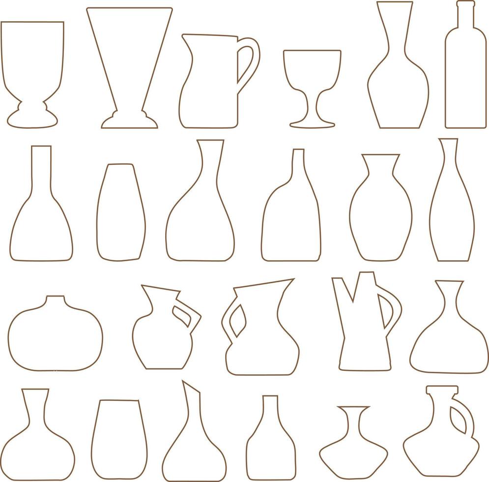 en uppsättning vaser i olika former. linjära konturer av krukor och flaskor i keramik, glas och betong. boho designelement vektor