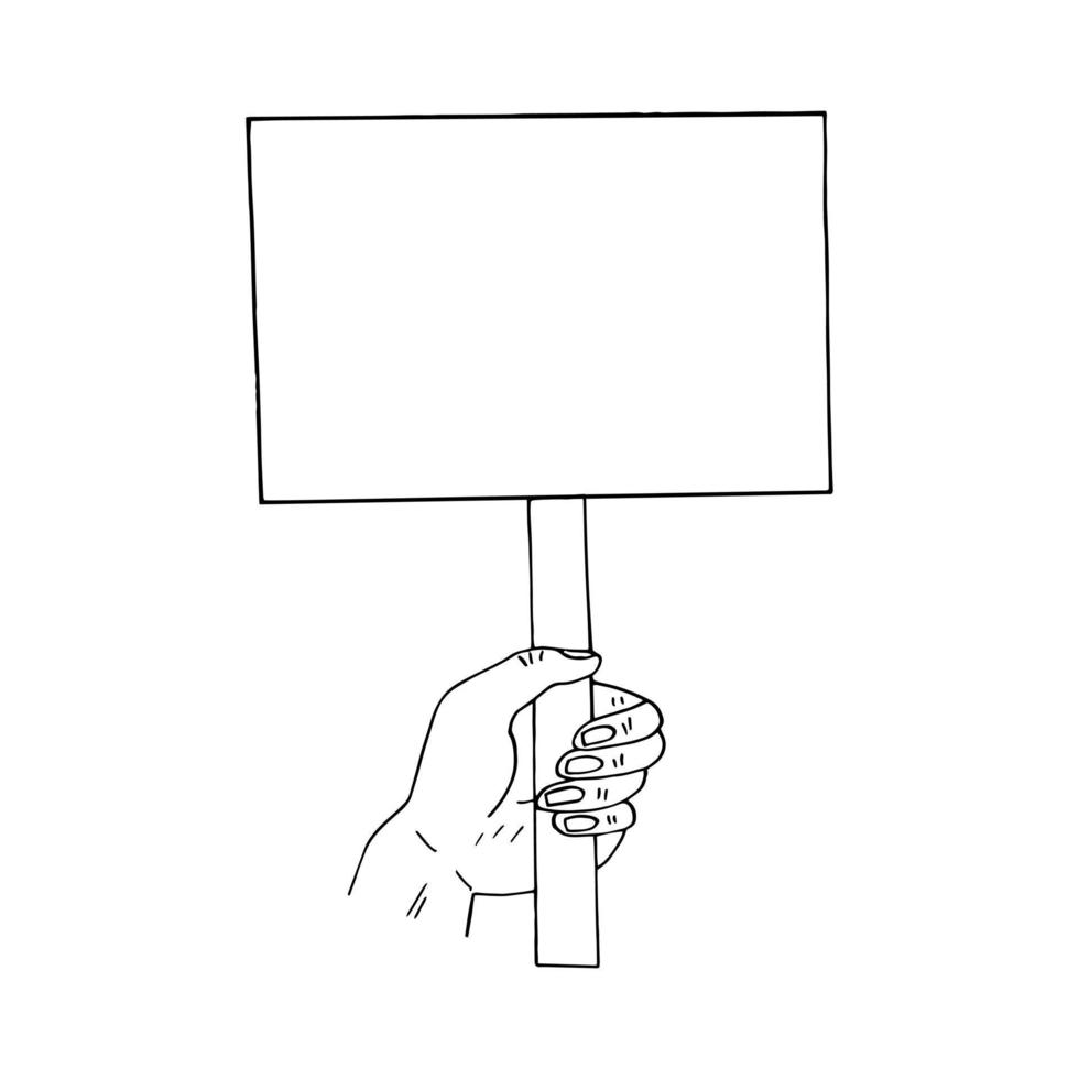 Hand, die ein Tablet mit Platz für Text hält. gezeichnete illustration im gekritzelstil. Minimalismus. Symbol, Aufkleber vektor