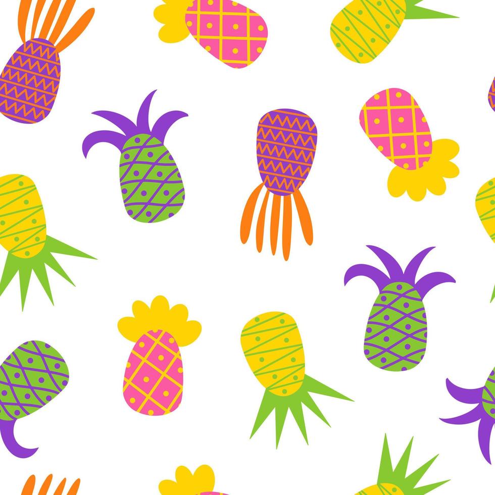 Nahtloses Vektormuster mit hellen Ananas. mehrfarbige exotische Früchte mit Ornament auf weißem Hintergrund. schönes nahtloses Muster mit bunten tropischen Ananas vektor
