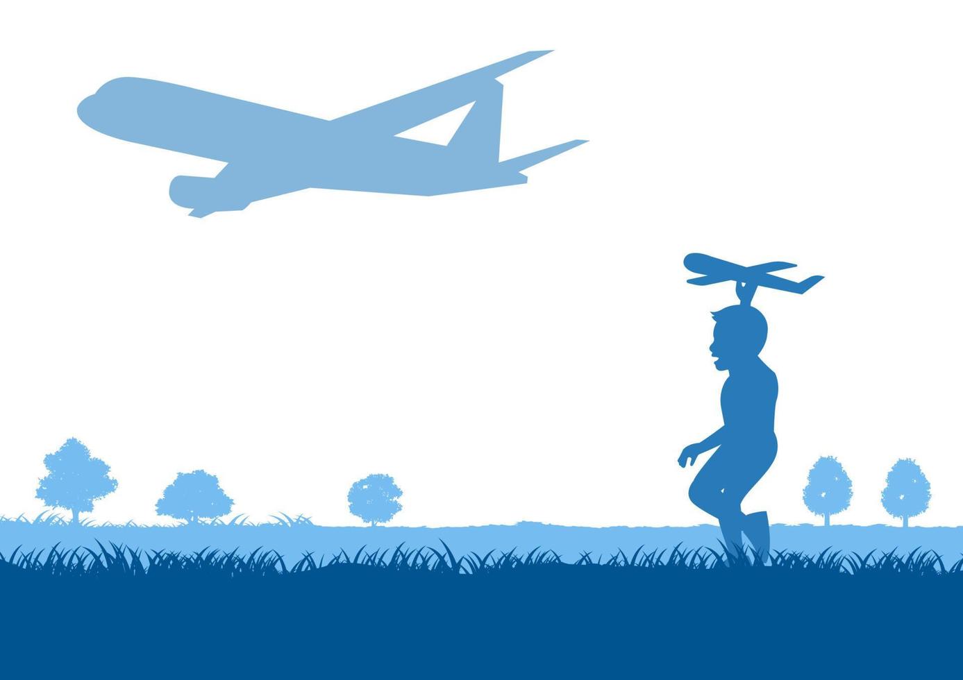 Silhouettendesign eines jungen Spielmodellflugzeugs, das einem echten Flugzeug folgt vektor