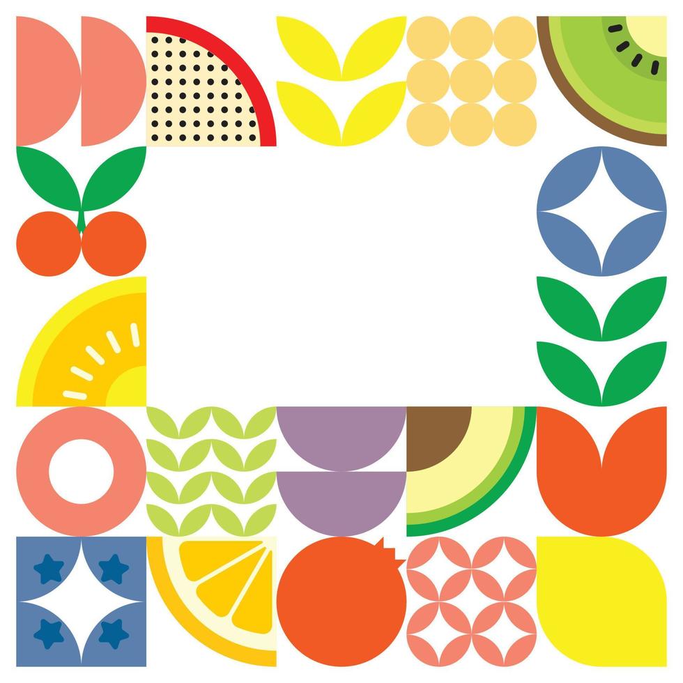 geometrisches sommerfrisches obstschnittgrafikposter mit bunten einfachen formen. Skandinavisch gestaltetes flaches abstraktes Vektormusterdesign. minimalistische illustration von früchten und blättern auf weißem hintergrund. vektor