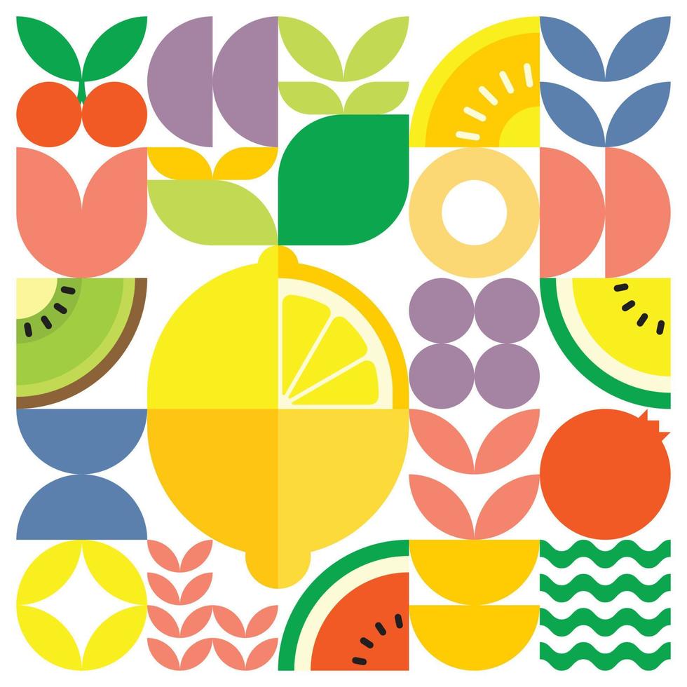 geometrisk sommar färsk frukt skär konstverk affisch med färgglada enkla former. skandinavisk stil platt abstrakt vektor mönsterdesign. minimalistisk illustration av en gul citron på en vit bakgrund.