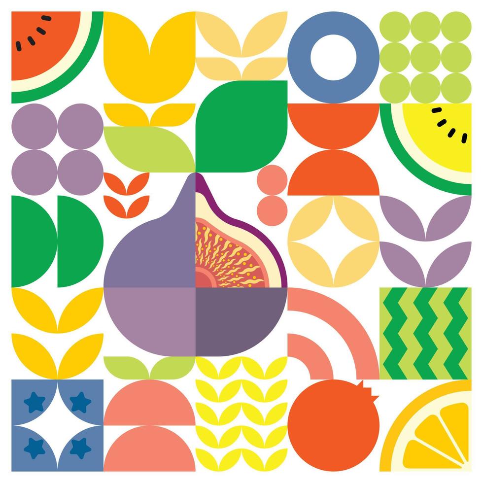 geometrisk sommar färsk frukt skär konstverk affisch med färgglada enkla former. skandinavisk stil platt abstrakt vektor mönsterdesign. minimalistisk illustration av en lila fikon på en vit bakgrund.
