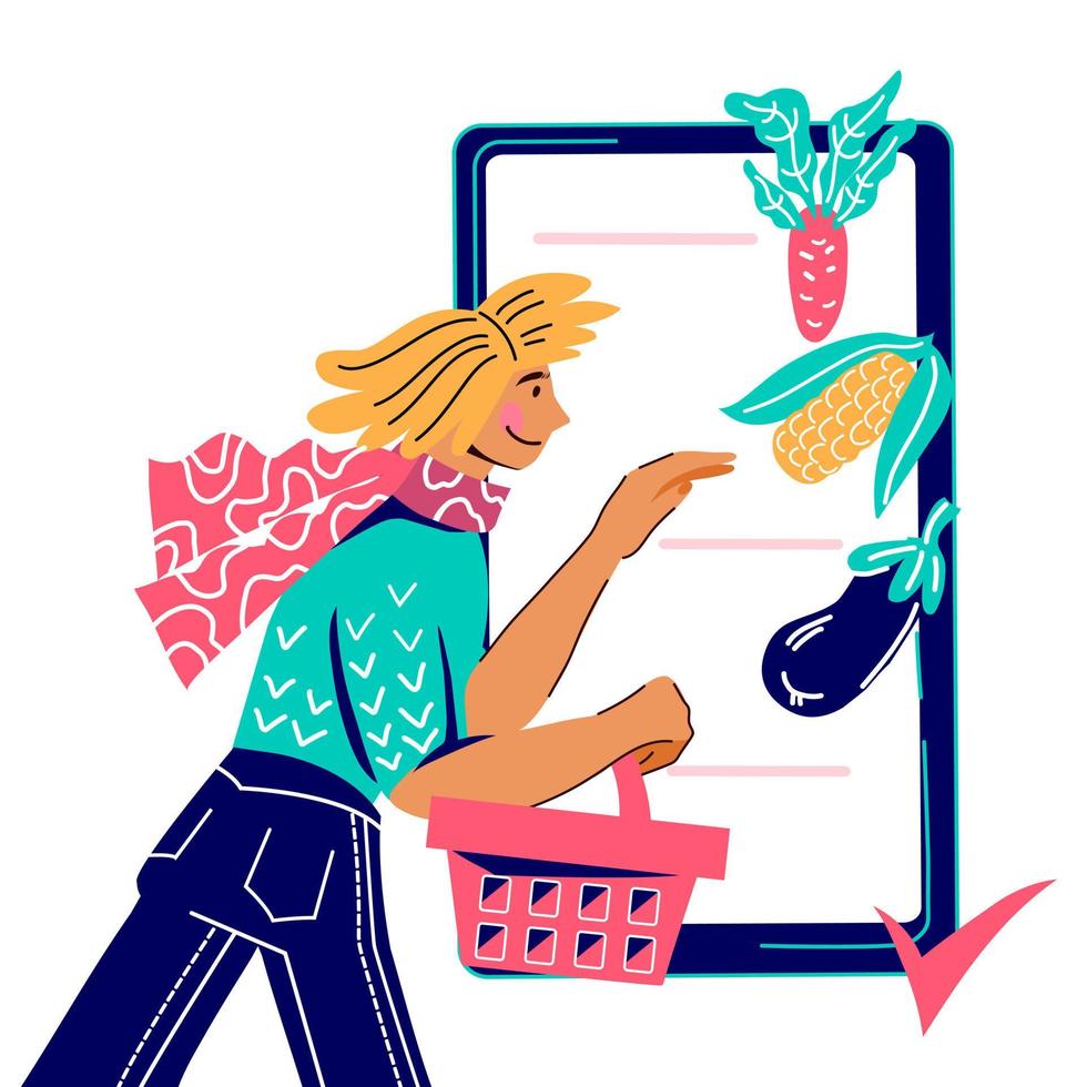 Online-Bestell- und Lieferbanner für Bauernprodukte mit weiblichem Charakter, der Lebensmittel in der mobilen App kauft, flache Cartoon-Vektorillustration einzeln auf Hintergrund. Agrarmarkt oder Messeplakat. vektor