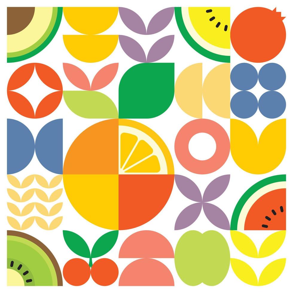 geometrisches sommerfrisches obstschnittgrafikposter mit bunten einfachen formen. flaches abstraktes Vektormusterdesign im skandinavischen Stil. minimalistische Illustration von Zitrusorangen auf weißem Hintergrund. vektor