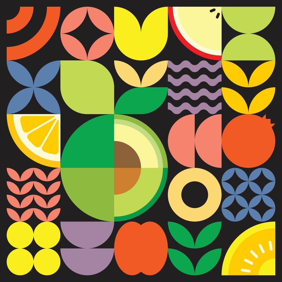 geometrisches sommerfrisches obstschnittgrafikposter mit bunten einfachen formen. flaches abstraktes Vektormusterdesign im skandinavischen Stil. minimalistische Illustration einer grünen Avocado auf schwarzem Hintergrund. vektor