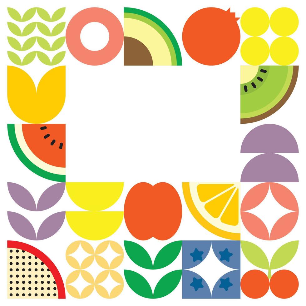 geometrisches sommerfrisches obstschnittgrafikposter mit bunten einfachen formen. Skandinavisch gestaltetes flaches abstraktes Vektormusterdesign. minimalistische illustration von früchten und blättern auf weißem hintergrund. vektor