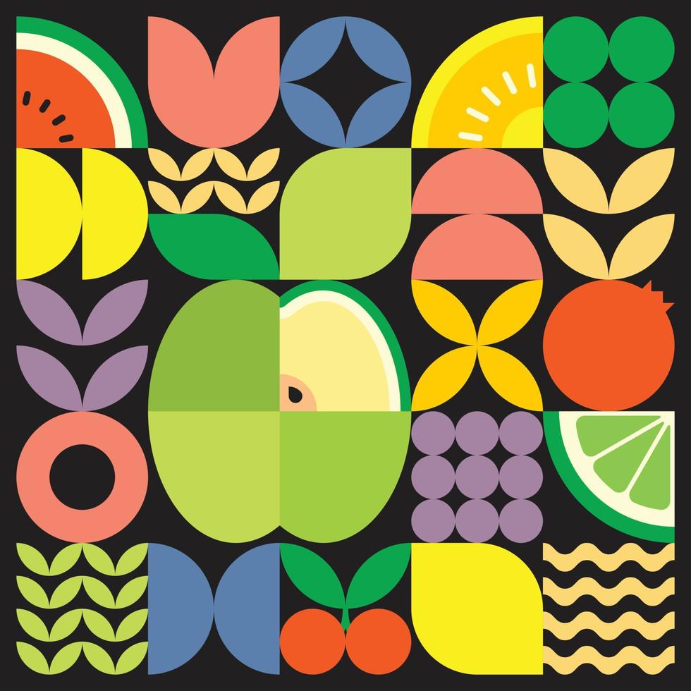 geometrisches sommerfrisches obstschnittgrafikposter mit bunten einfachen formen. flaches abstraktes Vektormusterdesign im skandinavischen Stil. minimalistische Illustration eines grünen Apfels auf schwarzem Hintergrund. vektor