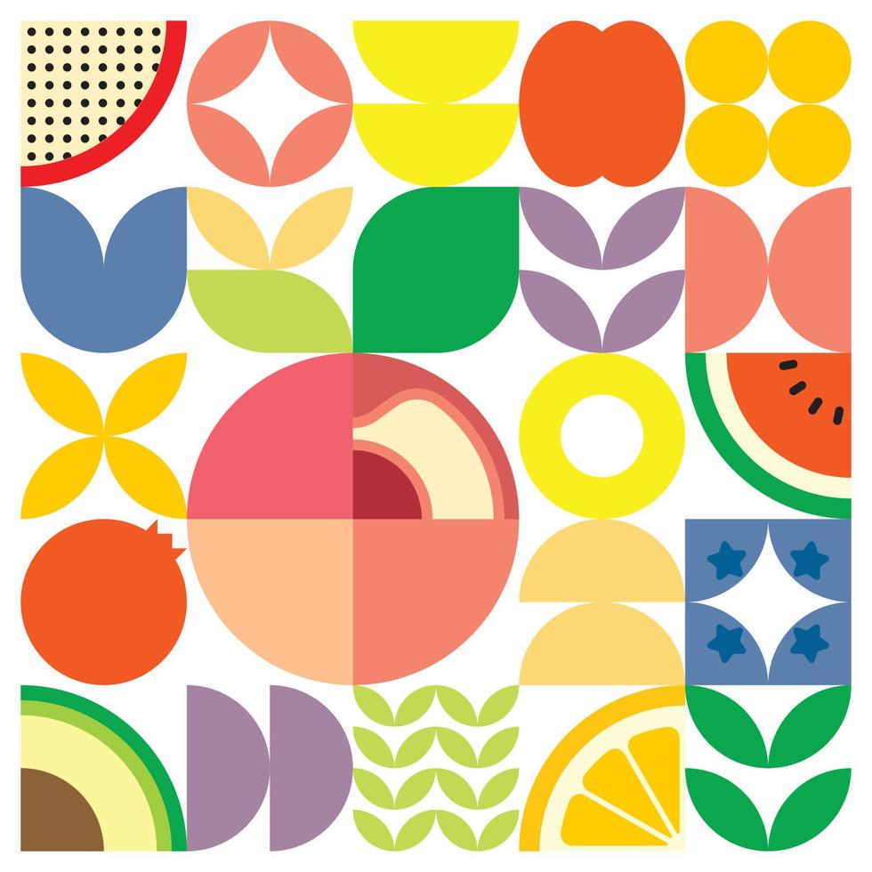 geometrisches sommerfrisches obstschnittgrafikposter mit bunten einfachen formen. flaches abstraktes Vektormusterdesign im skandinavischen Stil. minimalistische Illustration eines rosa Pfirsichs auf weißem Hintergrund. vektor