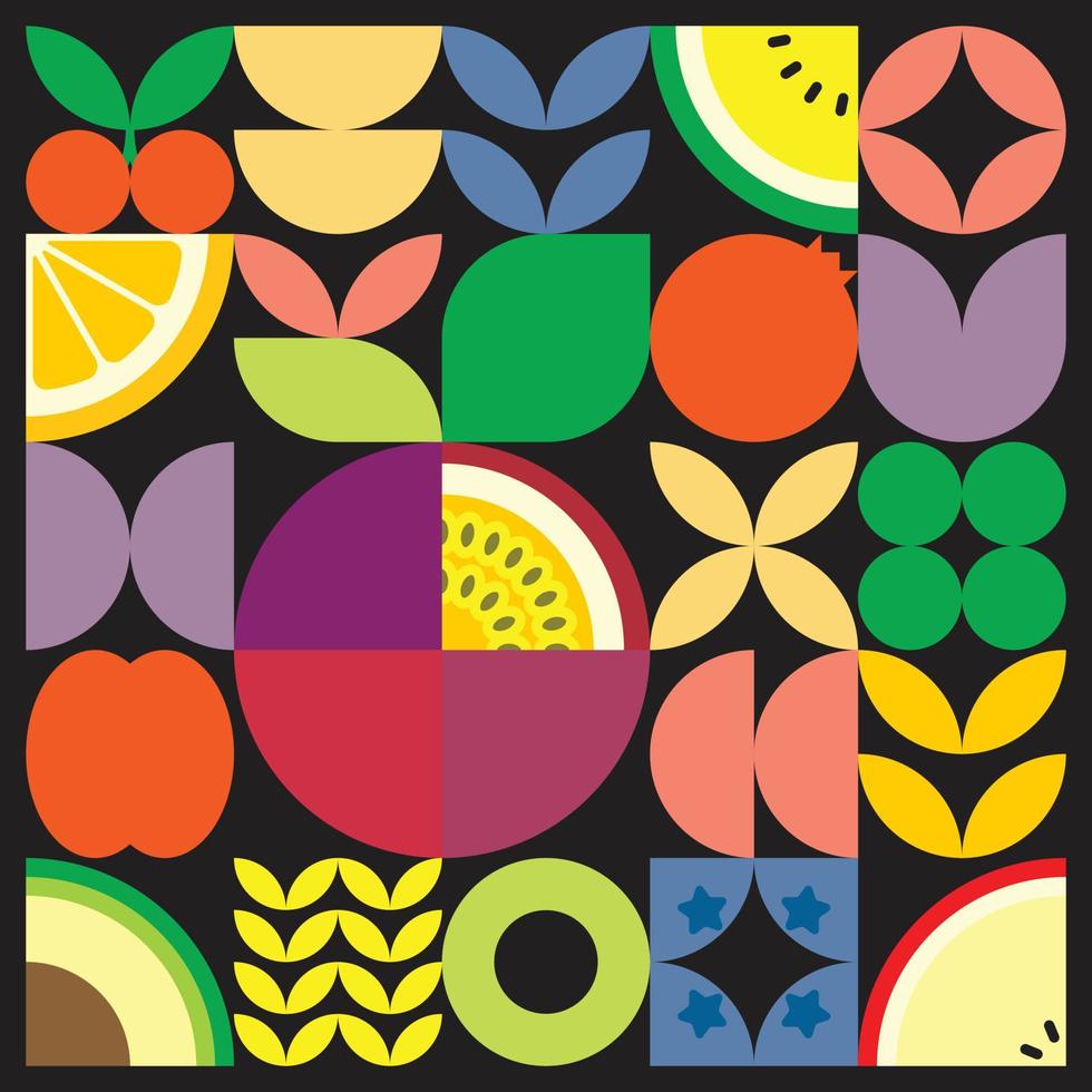 geometrisches sommerfrisches obstgrafikplakat mit bunten einfachen formen. flaches abstraktes Vektormusterdesign im skandinavischen Stil. minimalistische Illustration einer lila Maracuja auf schwarzem Hintergrund. vektor