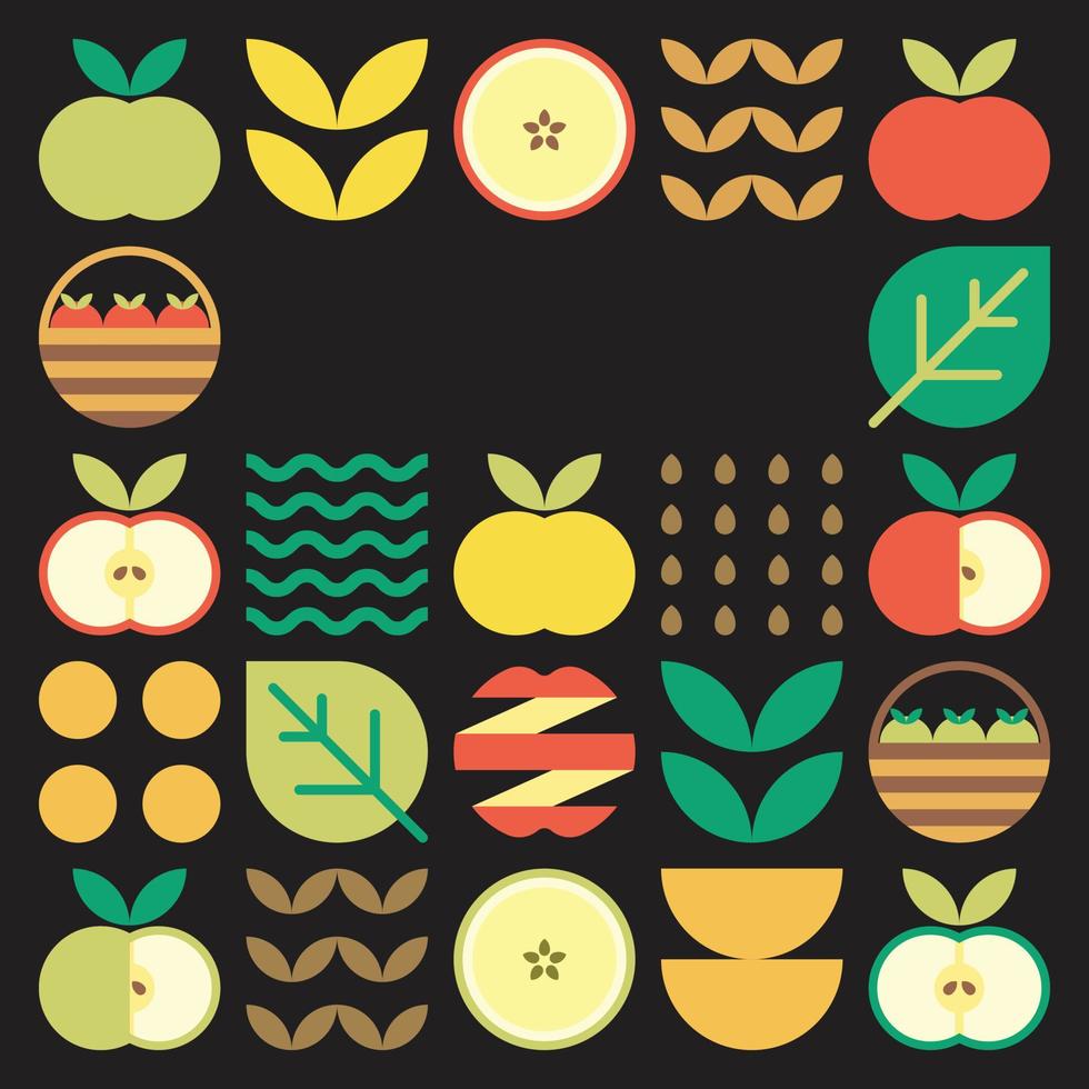 Apfelrahmen abstrakte Kunstwerke. Designillustration von bunten Apfelmustern, Blättern und geometrischen Symbolen im minimalistischen Stil. ganze Früchte, geschnitten und gespalten. einfacher flacher Vektor auf schwarzem Hintergrund.