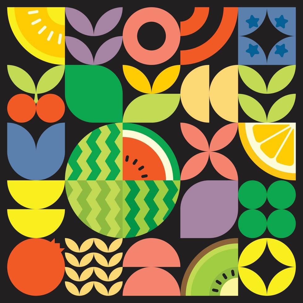 geometrisches sommerfrisches obstgrafikplakat mit bunten einfachen formen. flaches abstraktes Vektormusterdesign im skandinavischen Stil. minimalistische Illustration einer roten Wassermelone auf schwarzem Hintergrund. vektor
