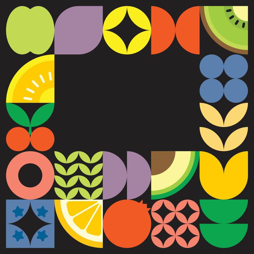 geometrisk sommar färsk frukt skär konstverk affisch med färgglada enkla former. skandinavisk stil platt abstrakt vektor mönsterdesign. minimalistisk illustration av frukter och löv på svart bakgrund.