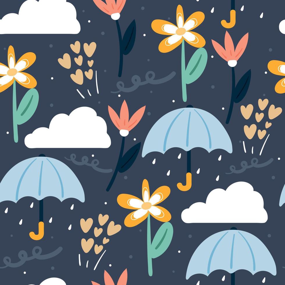 nahtlose musterhandzeichnung cartoon blume und himmel. süße zeichnung für stoffdruck, textil, geschenkpapier vektor