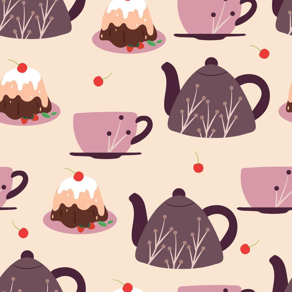 sömlösa mönster hand ritning tecknad tekanna, kopp te och dessert. mat och dryck tapeter för textil, tygtryck vektor