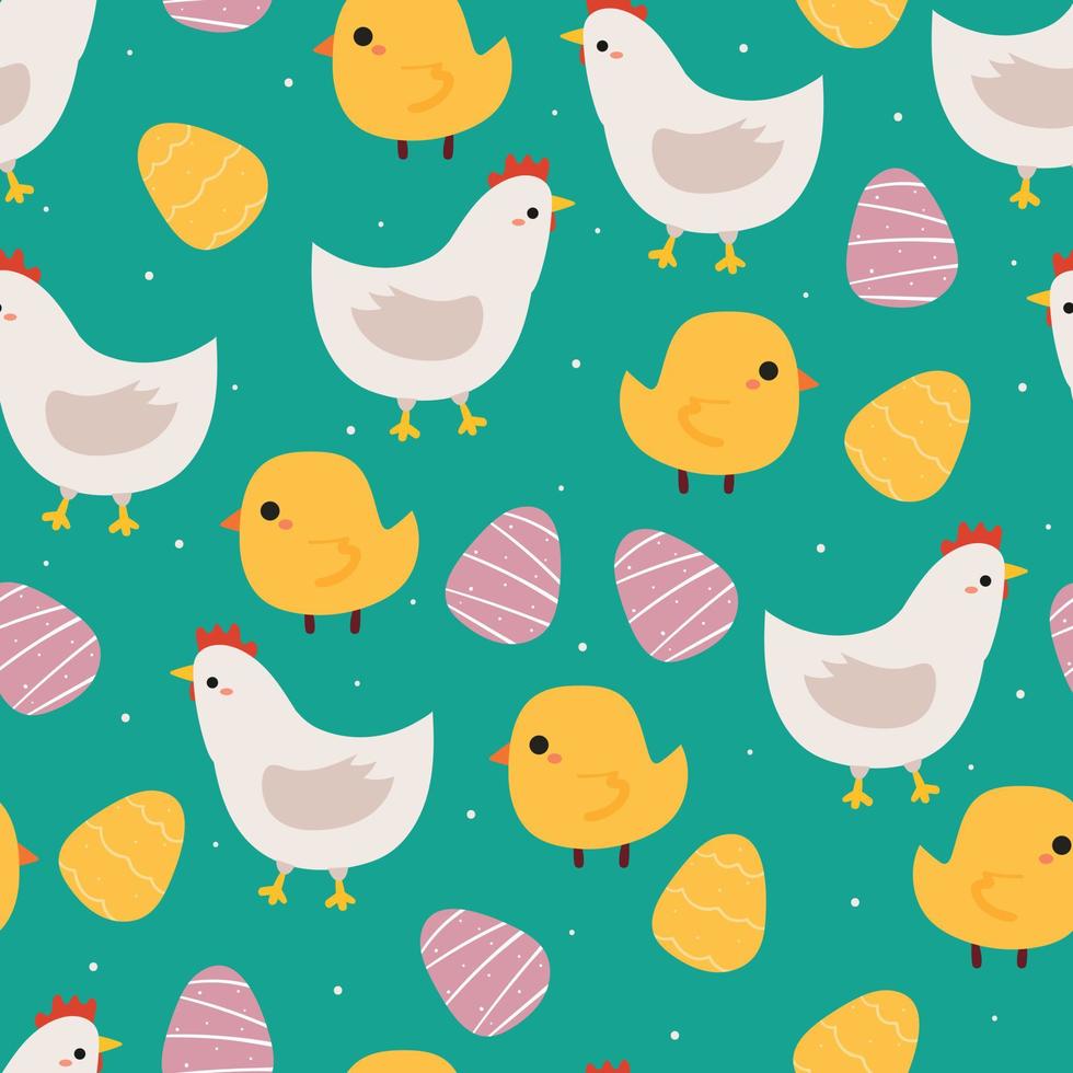 sömlösa mönster hand ritning tecknad kyckling, chick, ägg. påsktapet för tygtryck, textil vektor