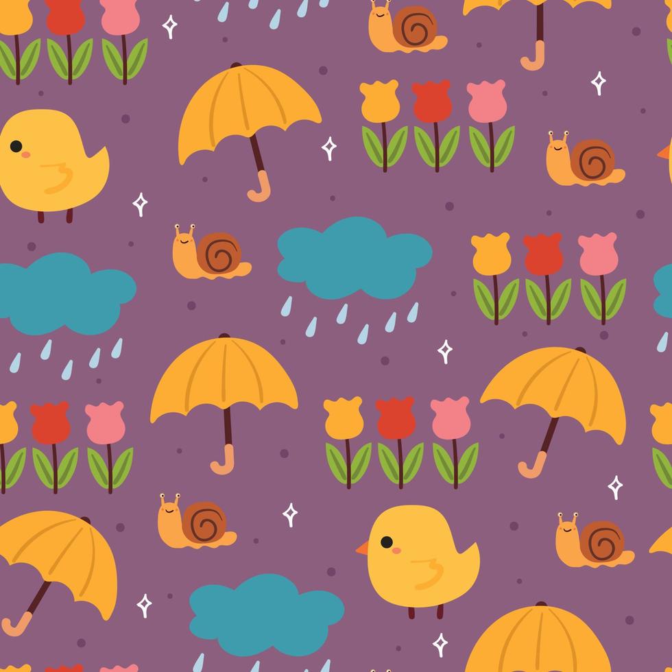 sömlösa mönster handritning tecknad regn, paraply, blomma och djur. för tygtryck, textil vektor