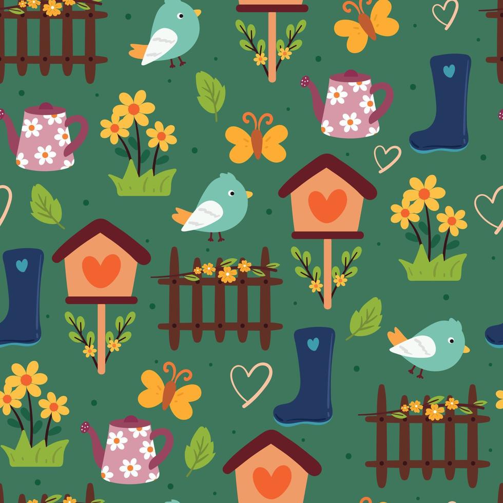 sömlösa mönster hand ritning tecknad fågel, blomma och söta element. för tygtryck, textil vektor