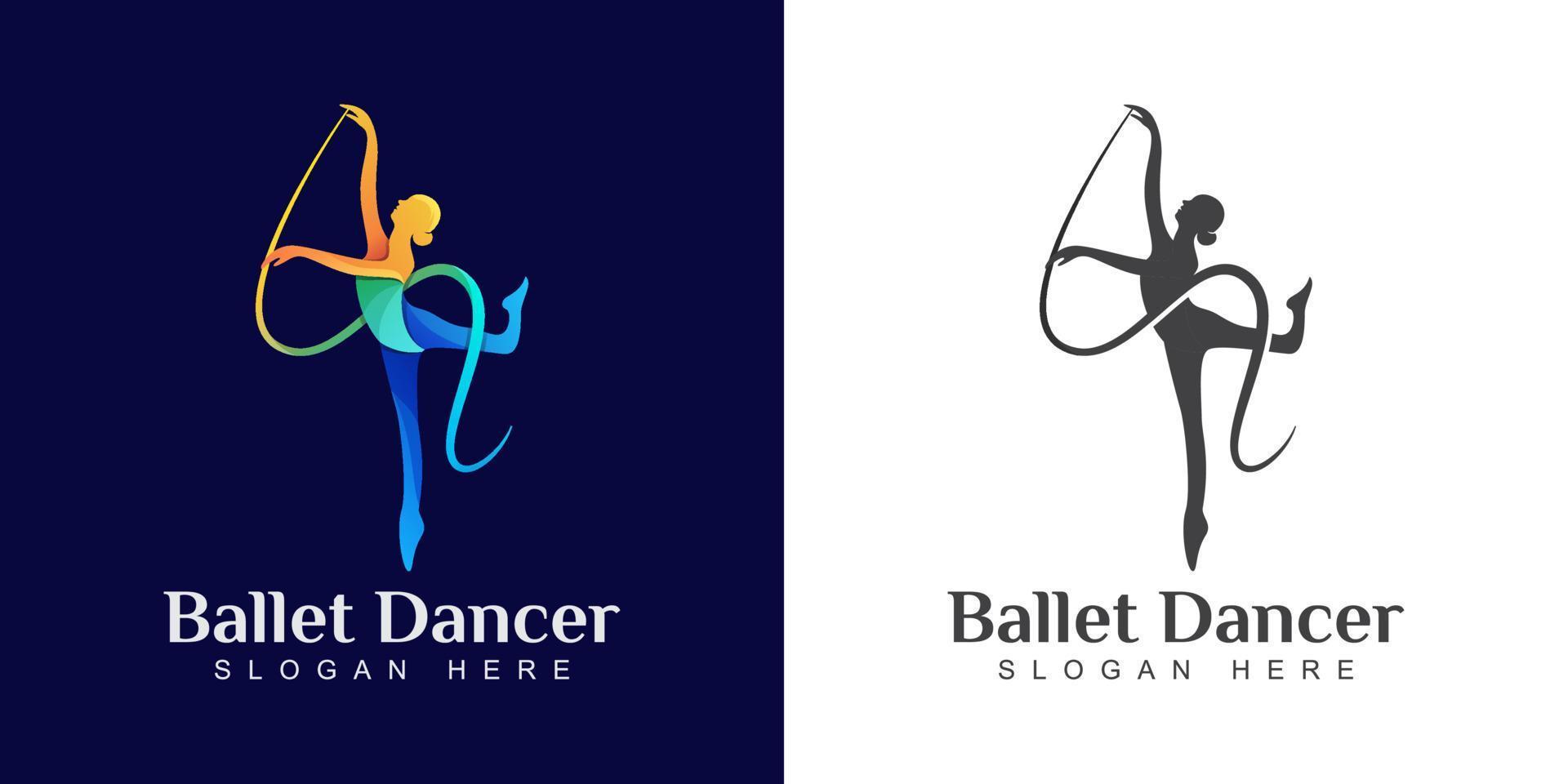 buntes balletttänzerlogo, tanzende mädchenlogoillustrationsvektorschablone vektor