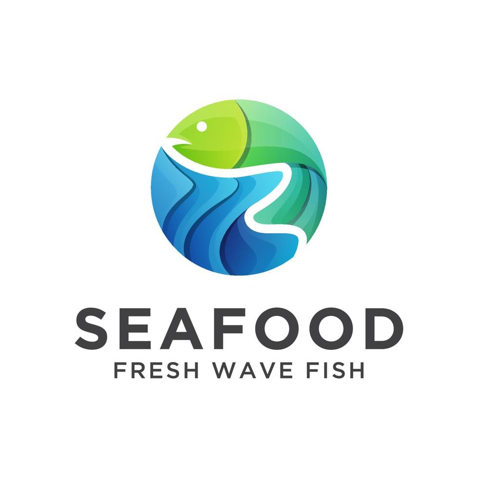 skaldjur butik logotyp, fisk med våg i havet logotyp koncept, vektor mall
