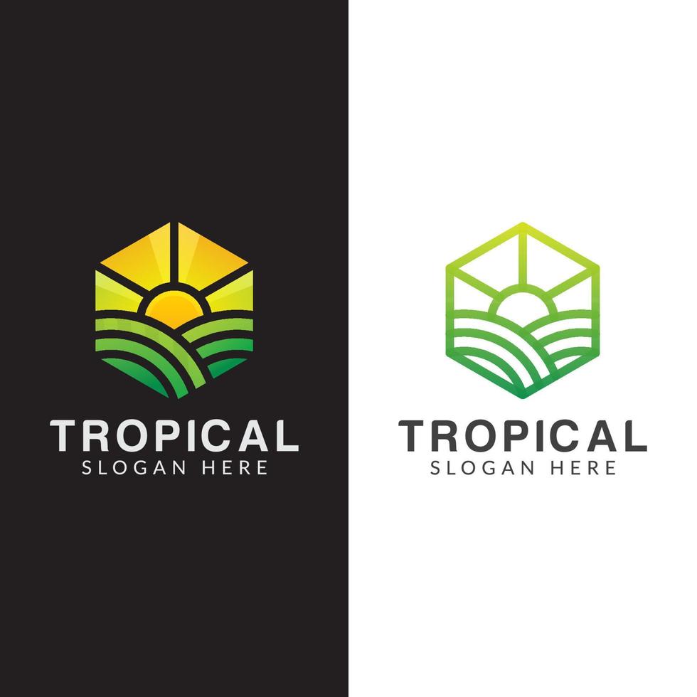 jordbrukslogotyp, bondlogotyp, logotyp för tropiska växter med linjekonststil vektor