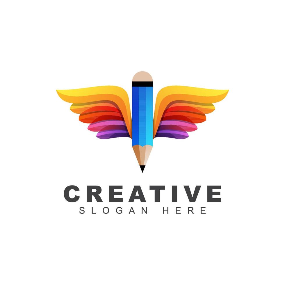 kreativ penna med vingar logotyp, utbildning skola gradient logotyp vektor mall