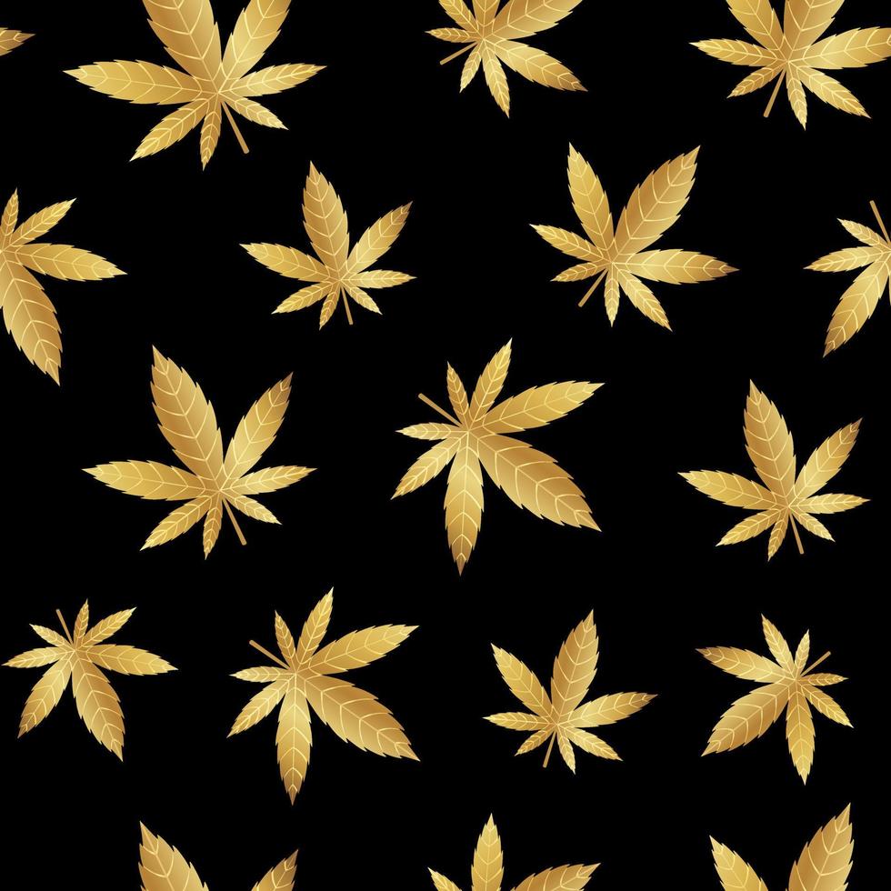 gyllene cannabis lämnar seamless mönster på svart bakgrund. vektor